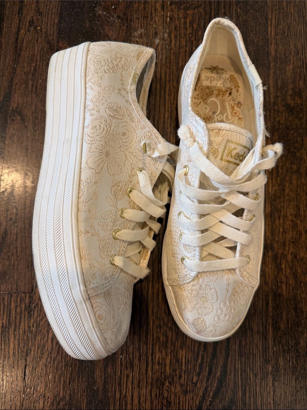 Keds White/Cream Gold Lace-Pattern Platform Sneakers